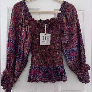 Haute Hippie Multicolor Floral Smocked Peasant Blouse